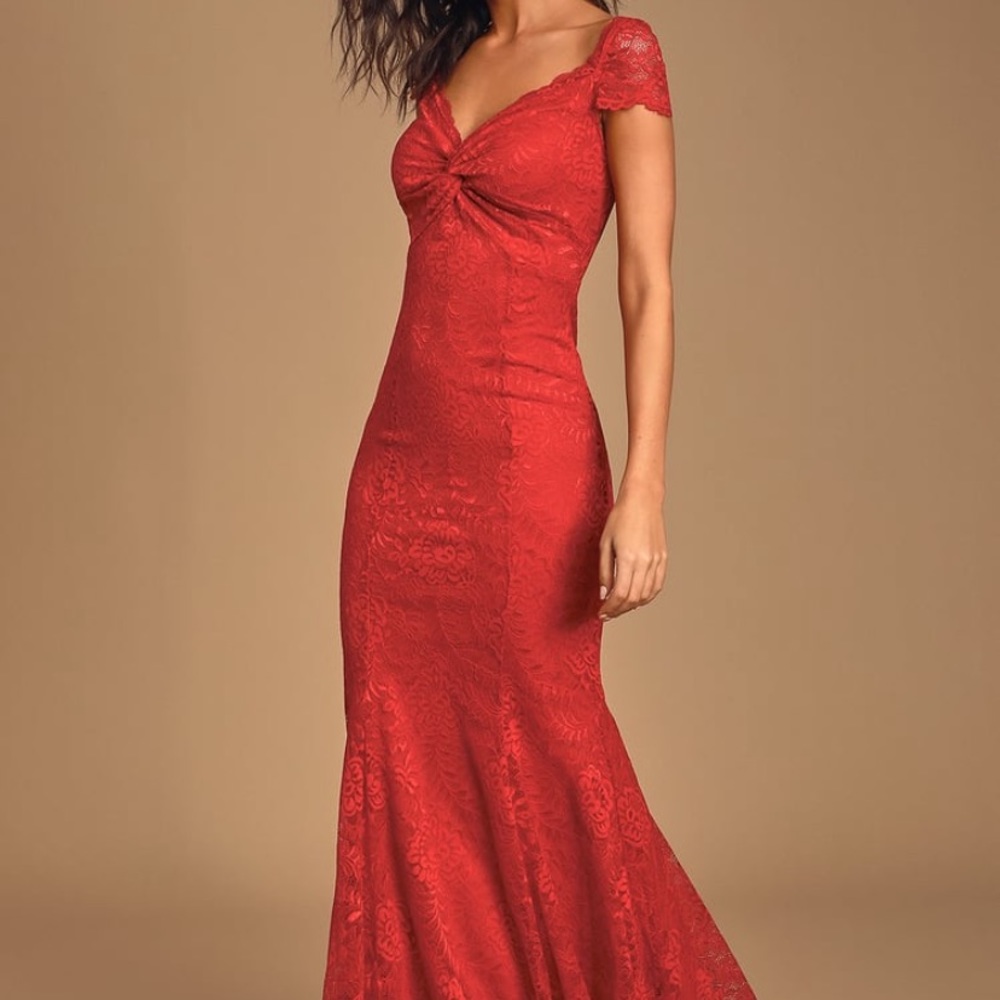 Red Lace Twist-Front Maxi Dress